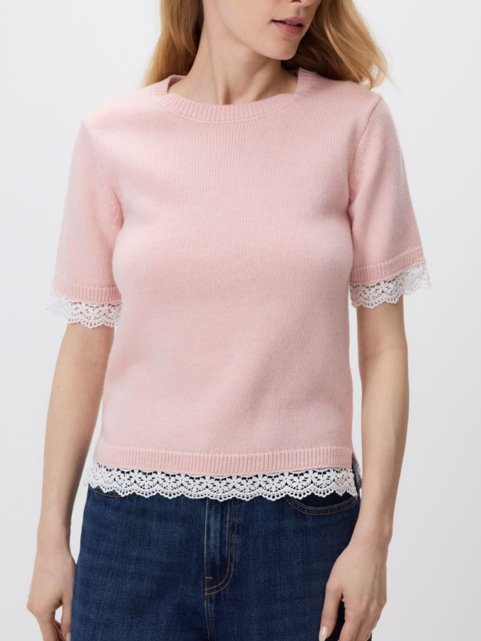 סריג שרוולים קצרים עם תחרה