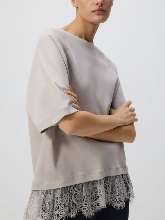 טי שירט כותנה ממורצרת עם תחרה