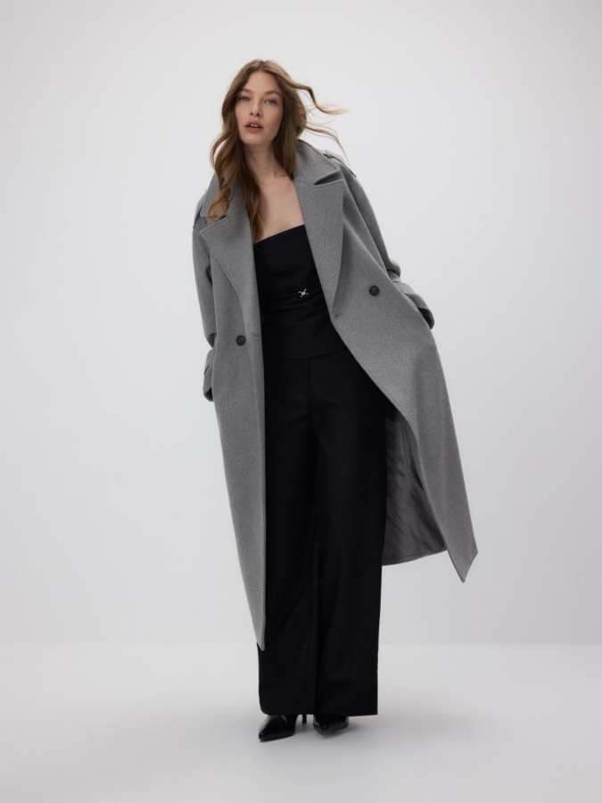מעיל ארוך משולב צמר עם רכיסה מוצלבת