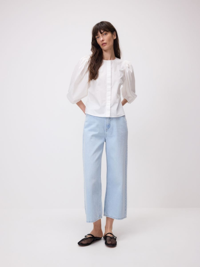 חולצת כותנה עם שרוולים נפוחים